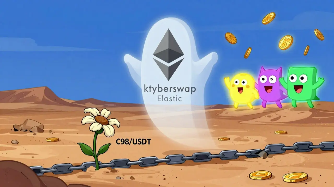 A ghostly KyberSwap Elastic logo hovers over a barren blockchain desert while other DEXs thrive in the distance.