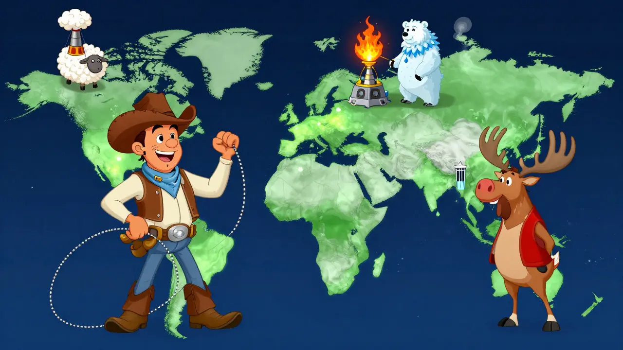 A humorous global map of Bitcoin mining countries as quirky characters: U.S. cowboy, Russian bear, Canadian moose.