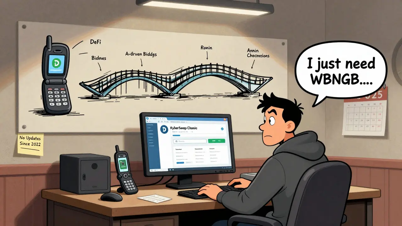 A lone trader uses KyberSwap Classic as a time-lapse mural shows DeFi&#039;s evolution behind them.