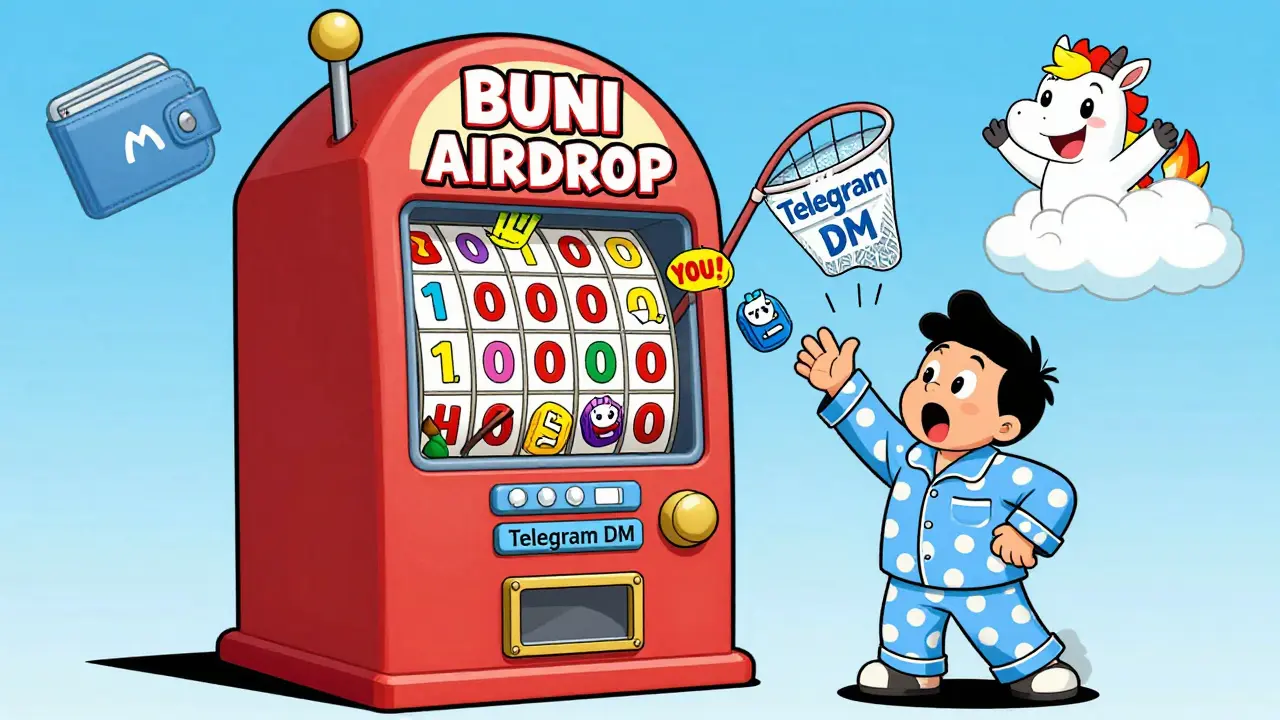 A lottery machine spits out a winning BUNI token as a surprised user catches it with a Telegram net.