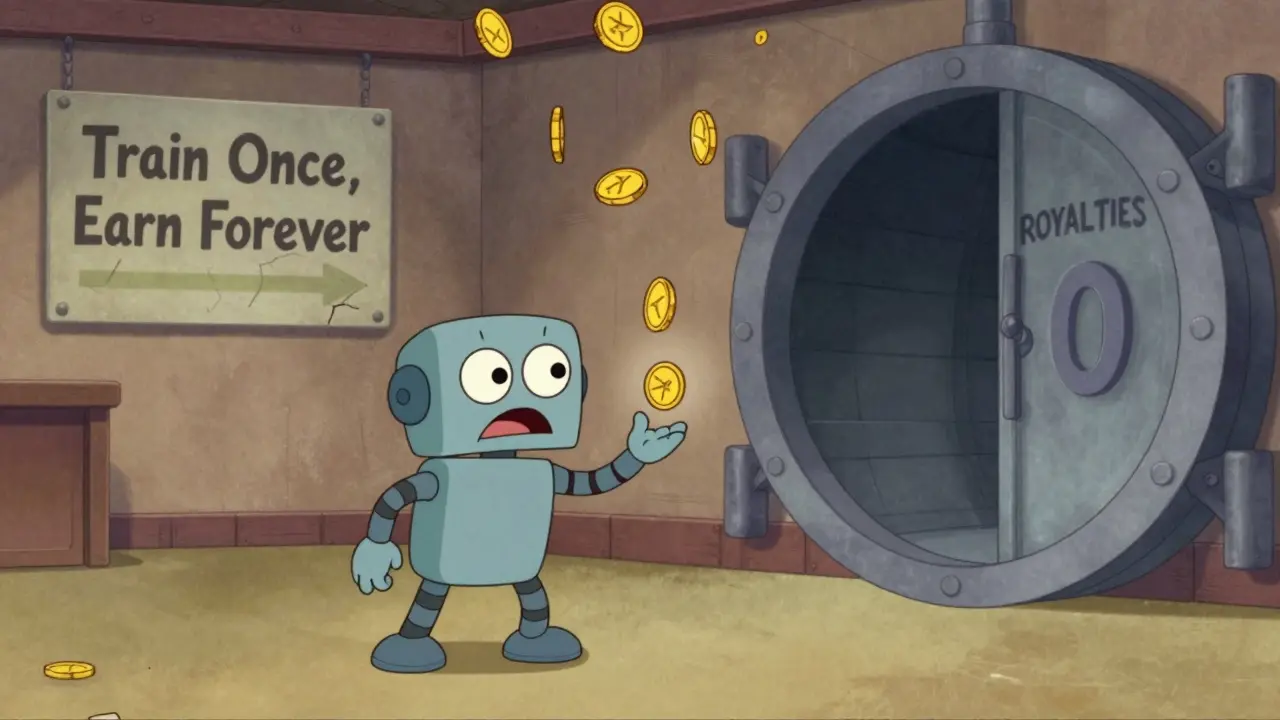 A robot training with a ROX token simulation while royalties vanish into an empty vault.