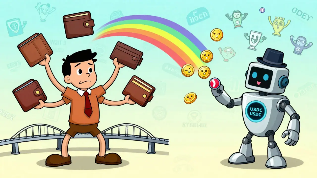 A split scene showing chaotic manual bridging vs. seamless Rubic swap with animated tokens and DEX logos cheering.