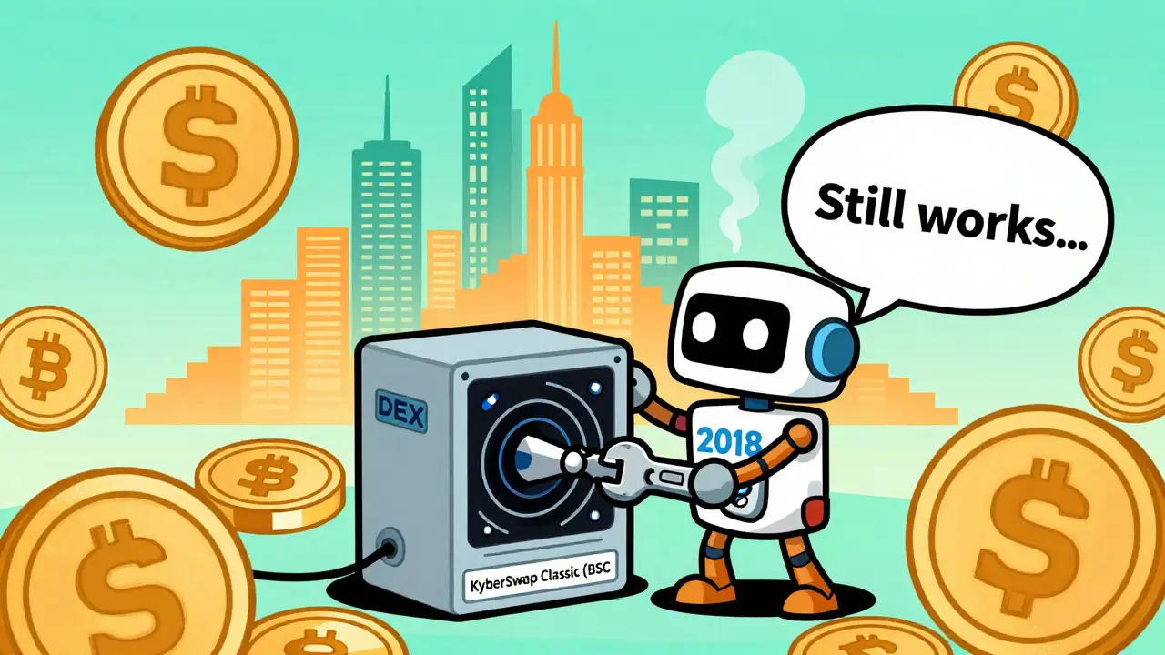 A tiny robot fixes an outdated DEX machine while a giant PancakeSwap building looms in the background.