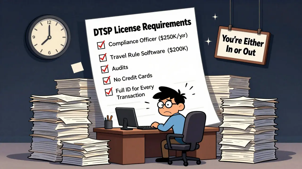 A tiny startup overwhelmed by giant compliance requirements for a DTSP license.
