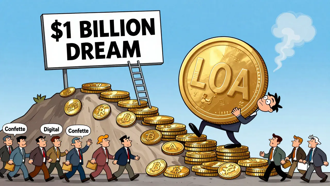 A tiny worker struggles to carry a giant LOA coin up a mountain of real crypto projects, while investors walk away with empty wallets.