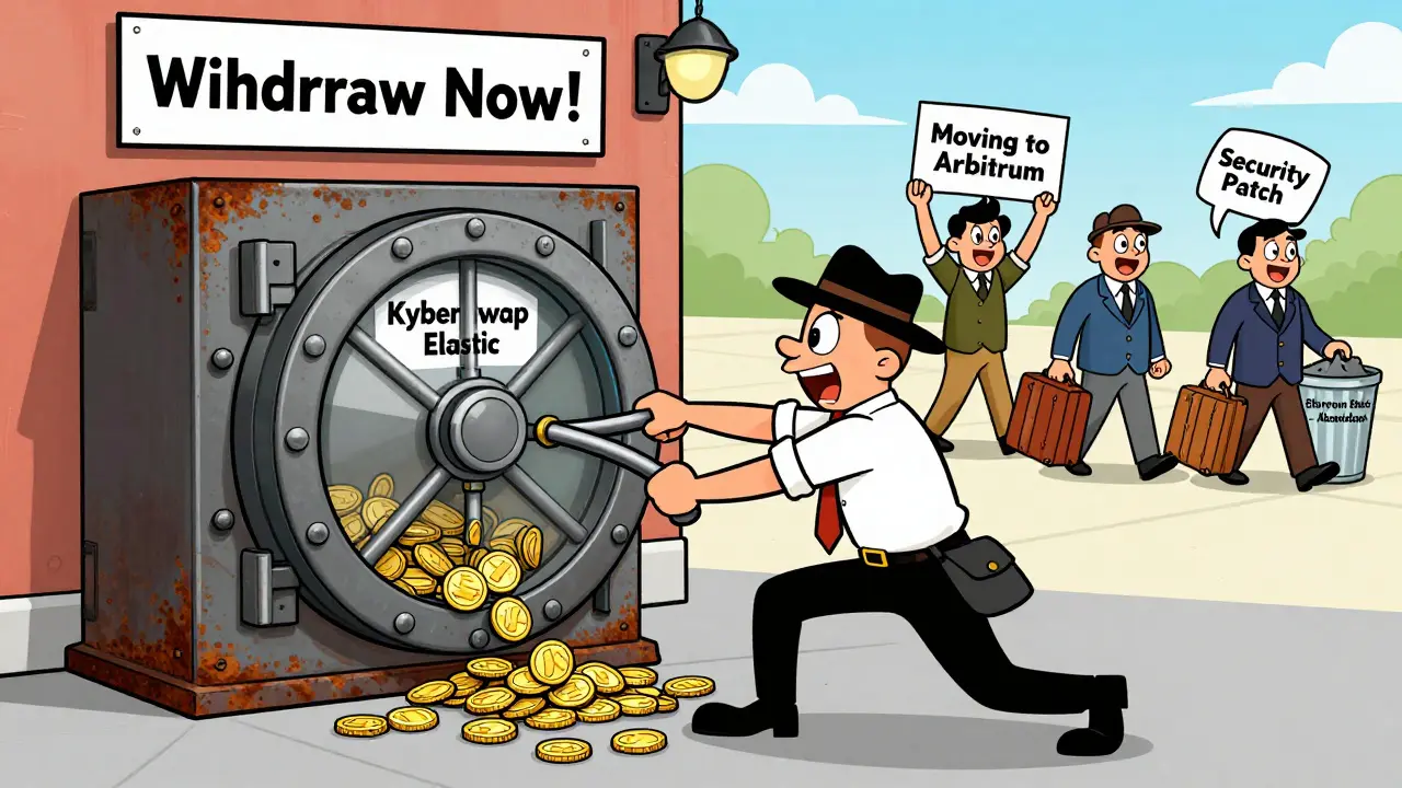 A trader pulls coins from a locked vault labeled &#039;KyberSwap Elastic&#039; as the team walks away with suitcases.