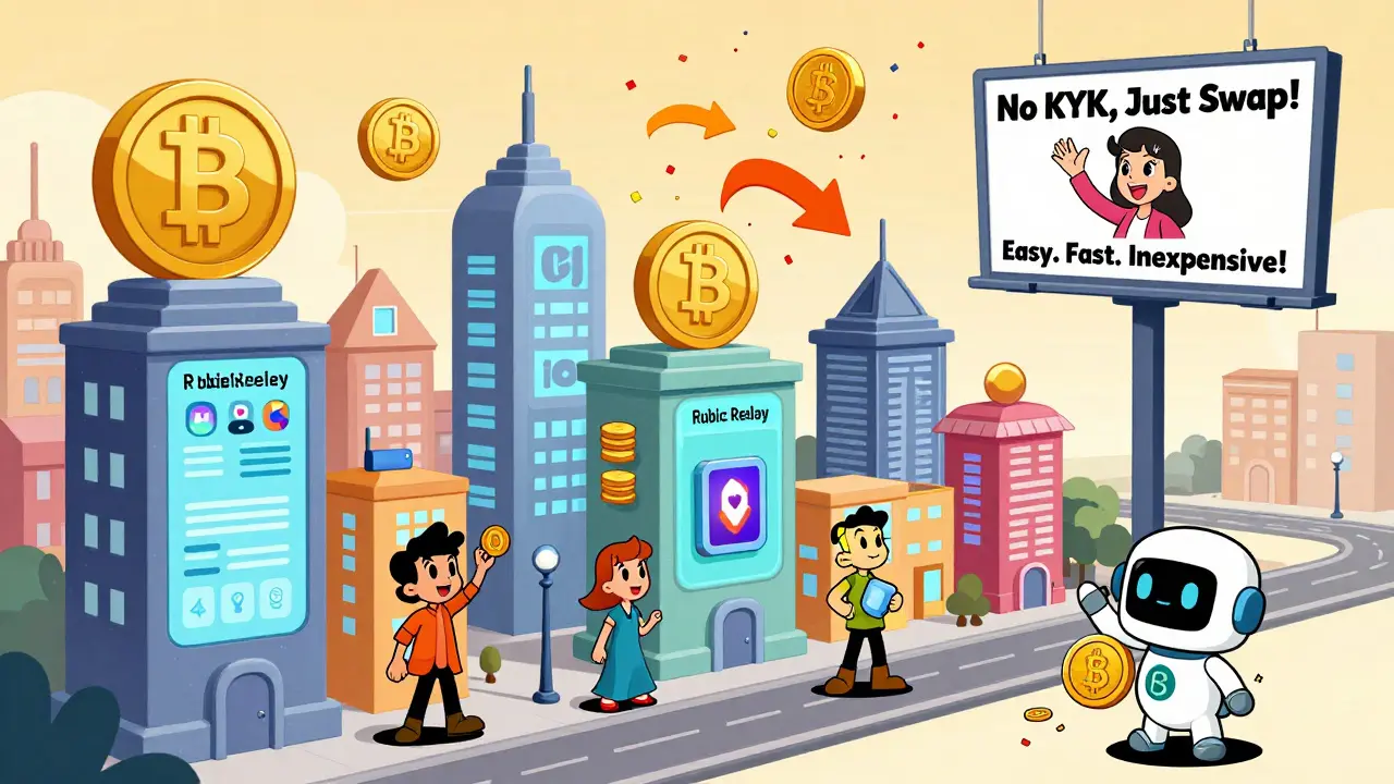 A whimsical DeFi town with token-shaped buildings and users swapping via Rubic widgets, featuring a smiling founder on a billboard.