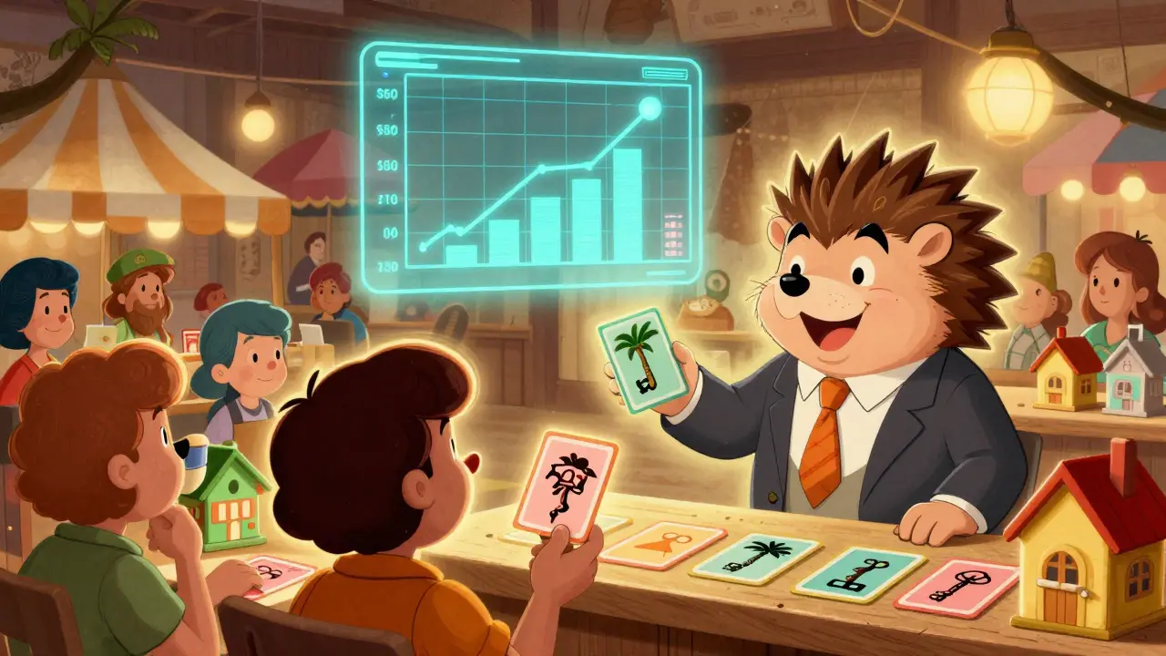 A whimsical marketplace where people trade house-shaped NFT tokens like collectible cards in retro cartoon style.