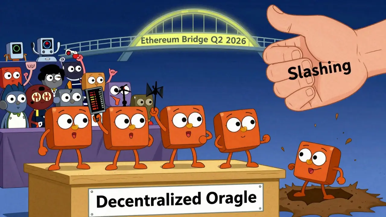 AE tokens staking as oracles while a liar is punished, with a bridge to Ethereum in the background.