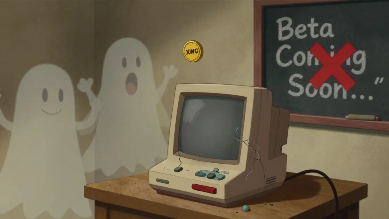 An abandoned game console with a spinning XWG token above it, ghostly players fading away in the background.