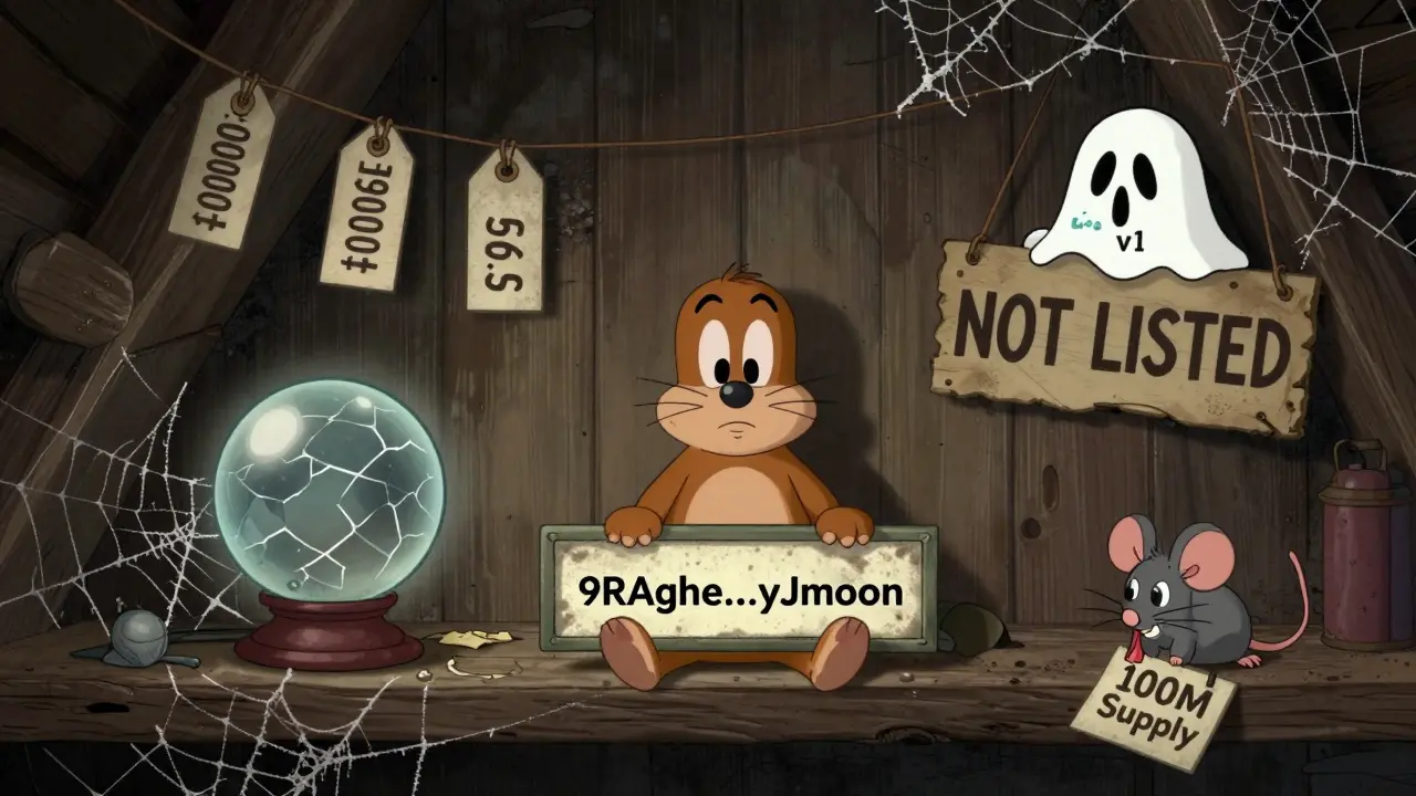 An abandoned LOA blockchain address sits in a dusty attic with conflicting price tags and a ghostly v1 token peeking out.