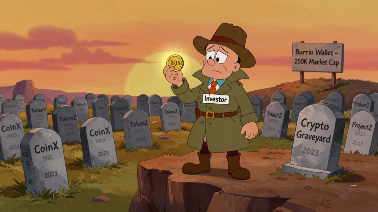 An adventurer standing beside a graveyard of failed crypto projects, holding a faintly glowing BUN token.