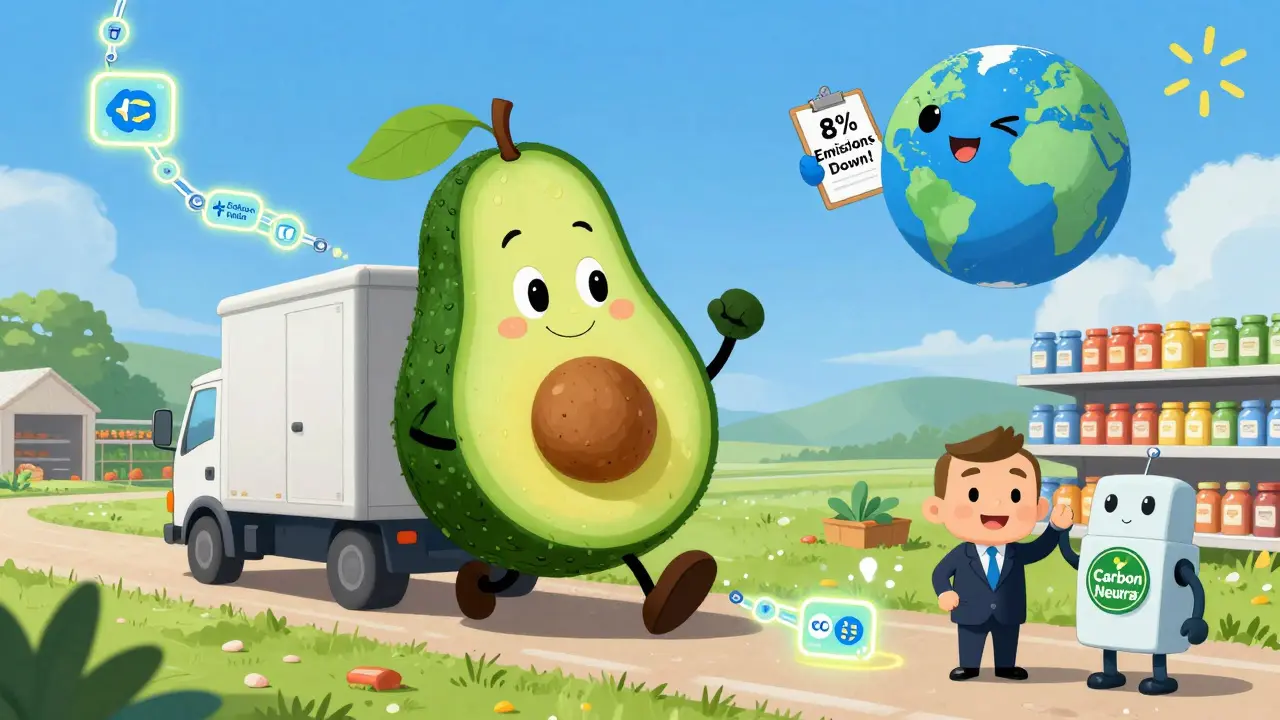 An avocado rolling through a supply chain leaving glowing blockchain links showing emissions data.