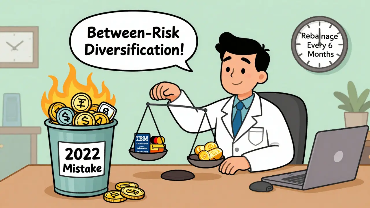 Calm investor balances crypto and traditional stocks on a scale, ignoring burning NFTs.