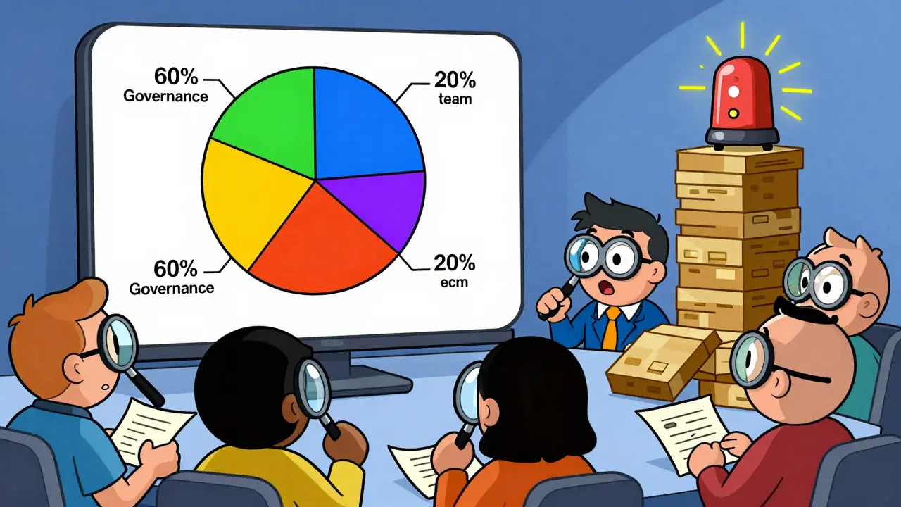 Cartoon users arguing over a pie chart of CREAM token distribution with a liquidation alarm in the background.