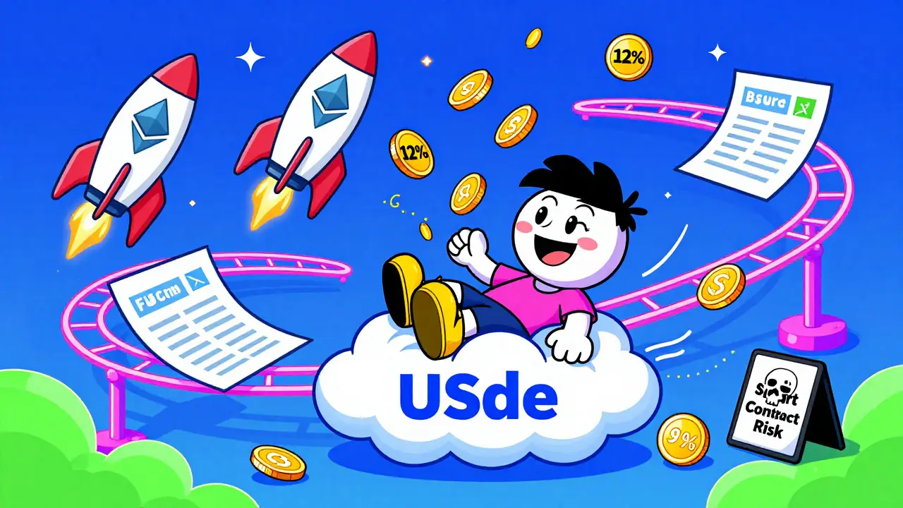 Character relaxing on USDe cloud as yield coins rain down with futuristic Ethereum rockets.