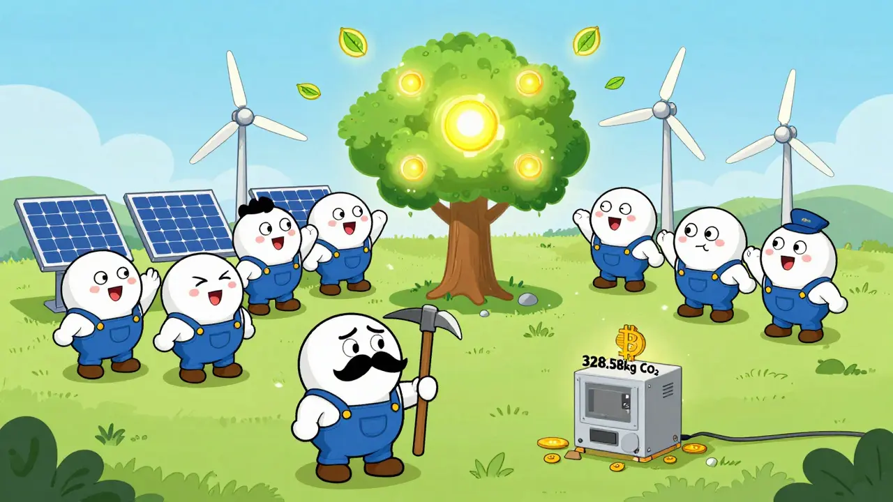Cheerful validators powering a tree-shaped blockchain node with solar panels and floating carbon credits.