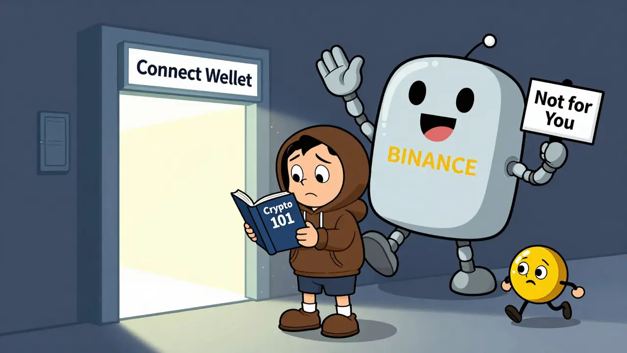 Confused beginner at a glowing VVS Finance portal while Binance robot waves him away in cartoon style.