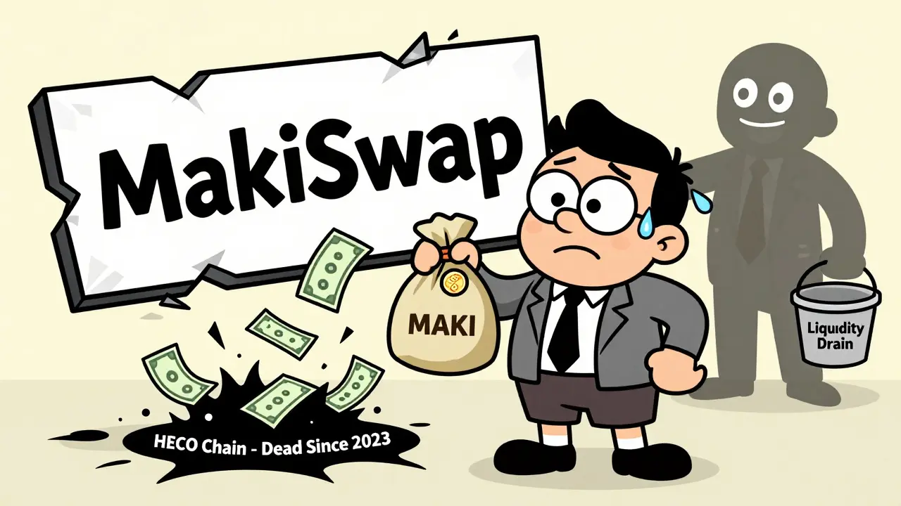 Confused investor holding worthless tokens as money drains into a dead blockchain