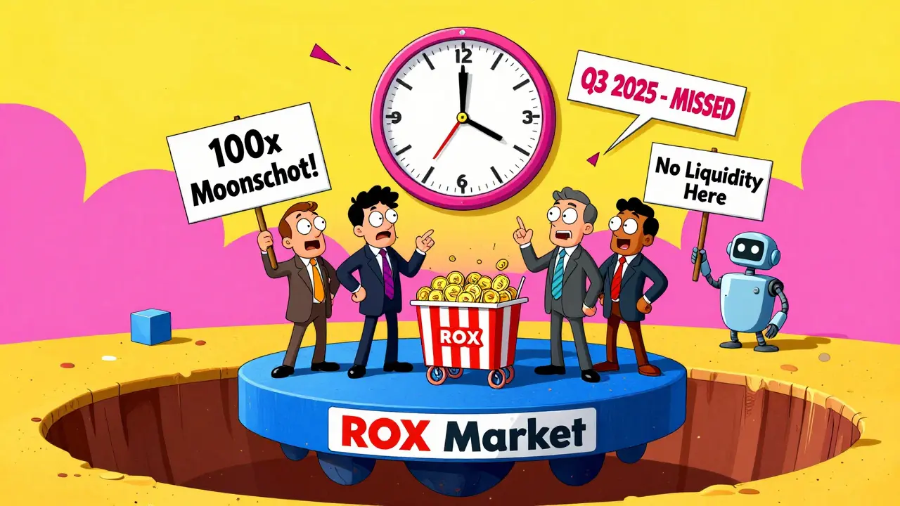 Confused investors on a wobbly ROX market platform over a bottomless pit, with a broken clock.