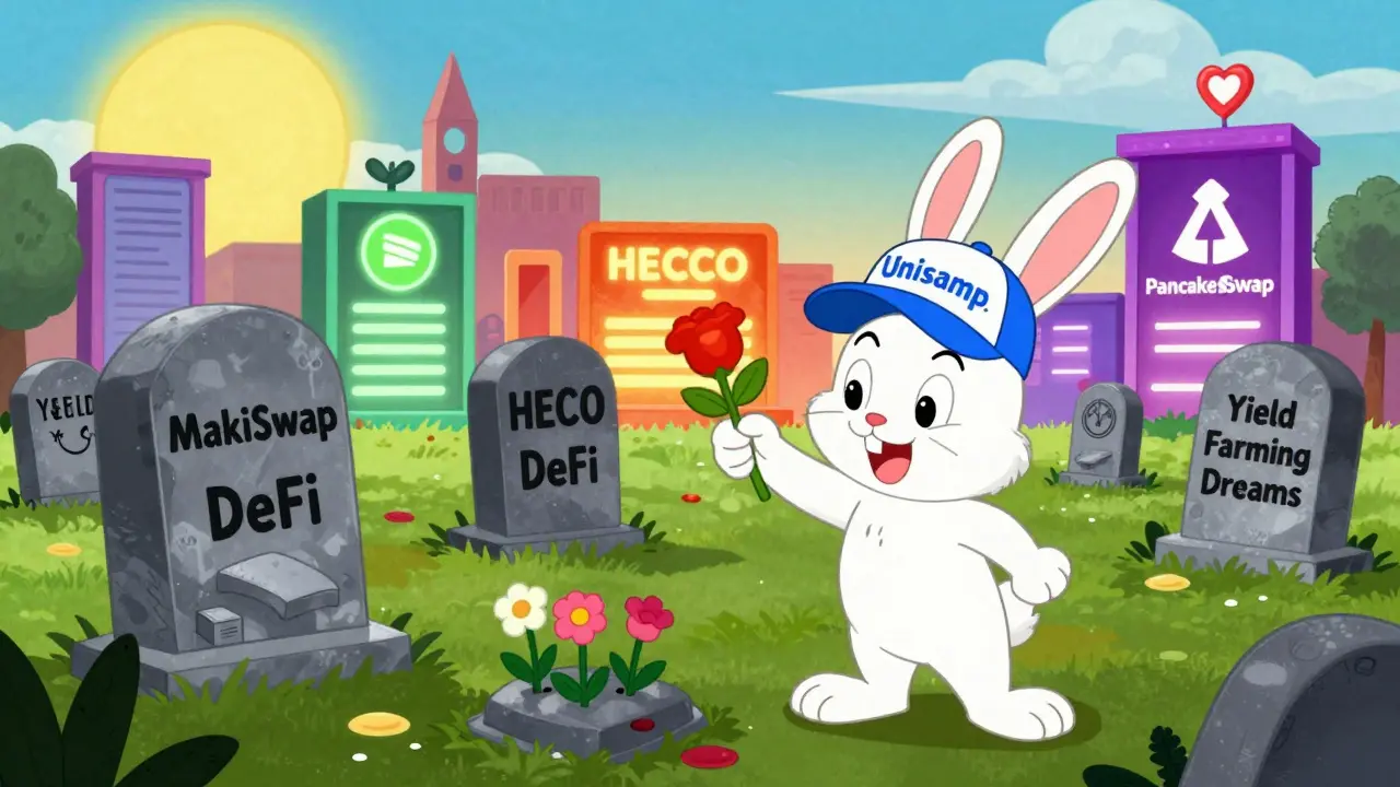 Crypto graveyard with MakiSwap tombstone while active DEXs shine in the distance