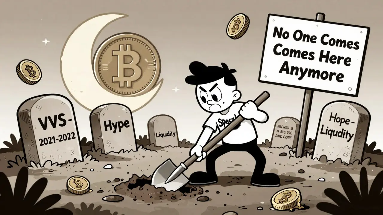 Crypto graveyard with VVS tombstone and speculator digging for hope in Hanna-Barbera illustration style.