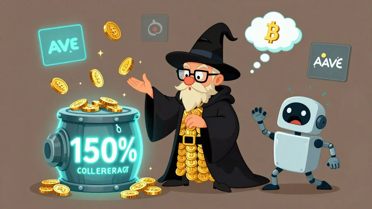 DeFi wizard minting DAI from floating ETH collateral with glowing protocols in background.