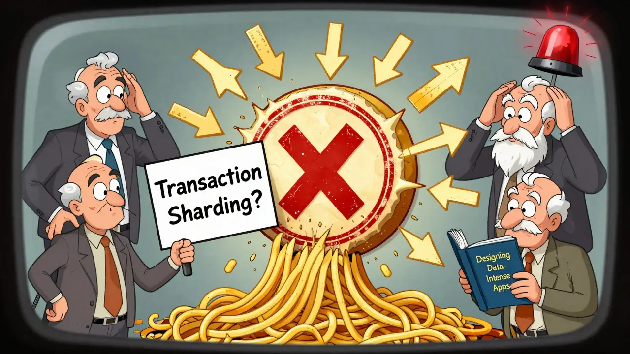 Developer confused by &#039;Transaction Sharding&#039; sign being smashed, with tangled arrows and wise professors nearby.
