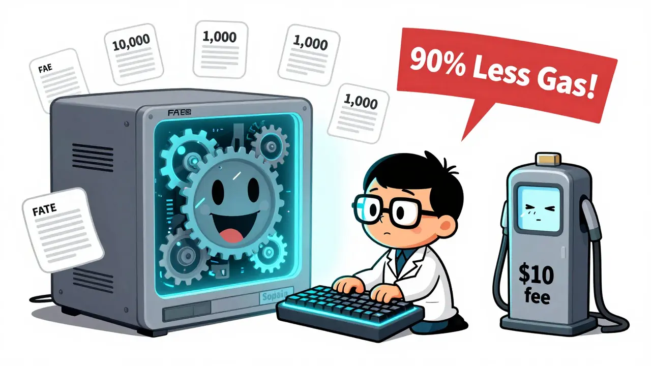 Developer typing Sophia code next to a shrinking smart contract with a 90% gas savings sign.