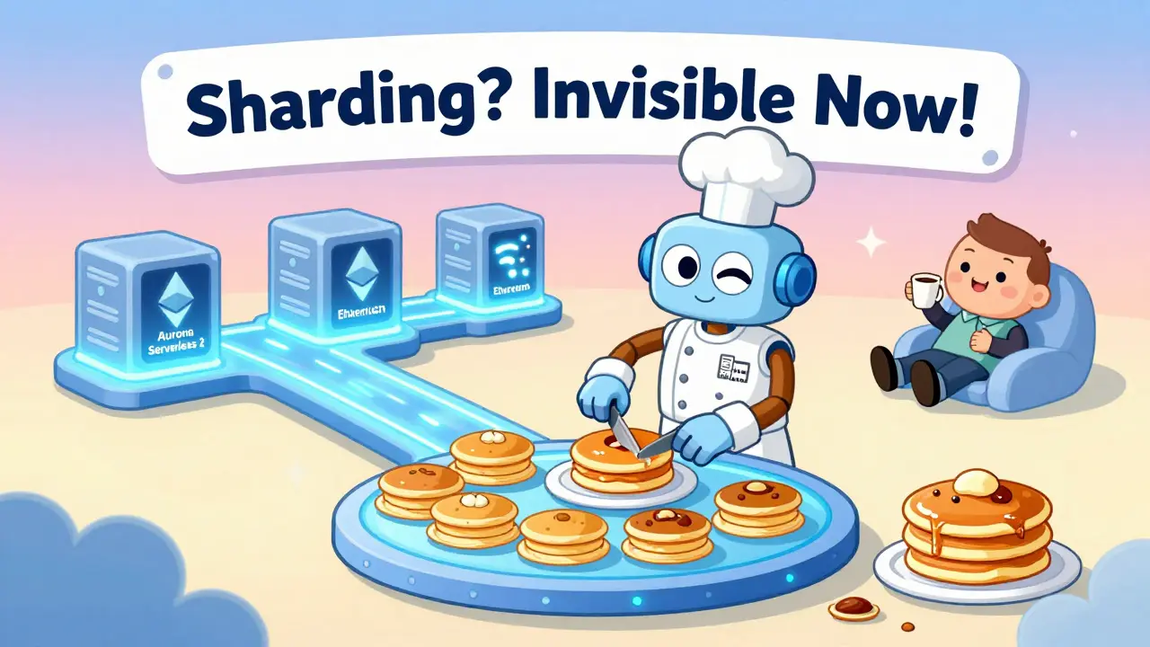 Friendly robot chef auto-sharding data like pancakes, AI eyes adjusting, developer relaxed with coffee.