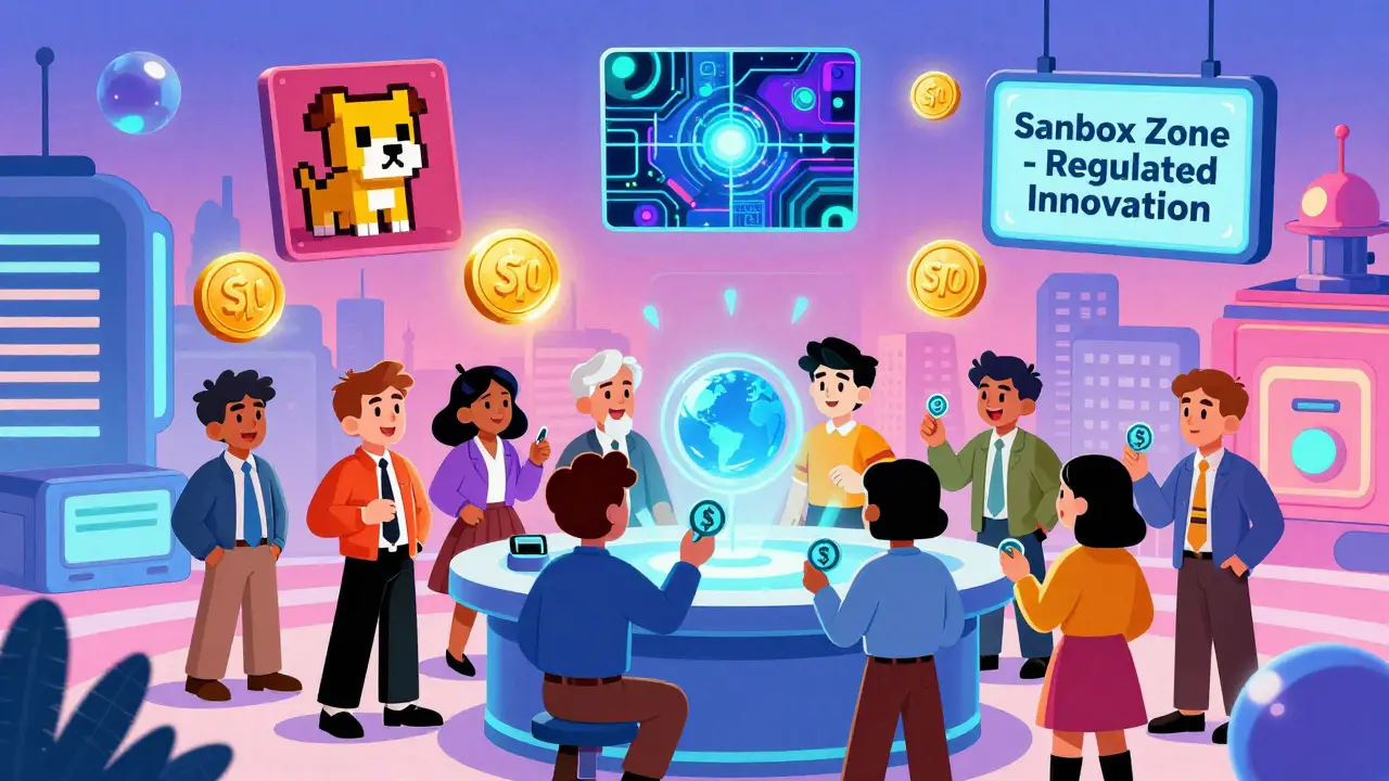 Global investors trading tokens at Busan's digital asset sandbox with floating NFTs and regulated STOs.