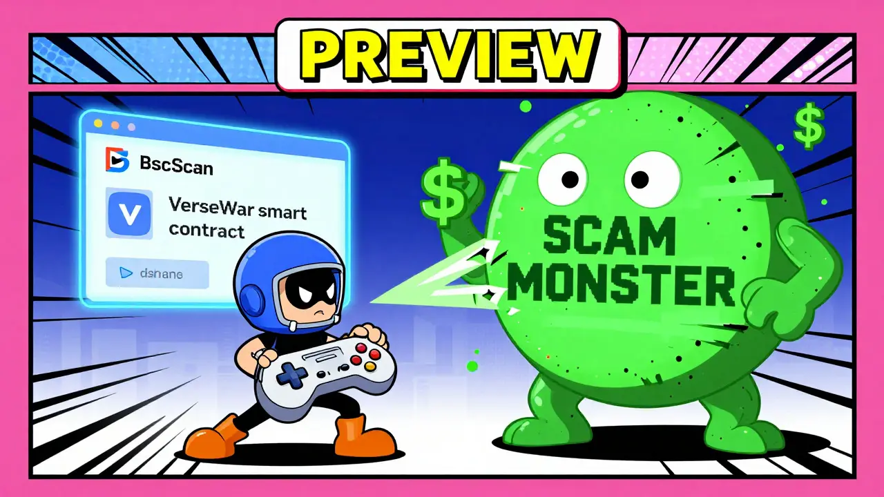 Hero battling a glitchy scam monster with a verified contract screen in background.