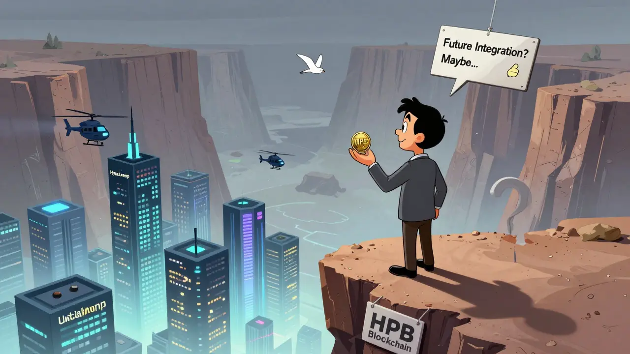 Investor on cliff overlooking thriving crypto cities, holding a small HPD coin under a fading sign.