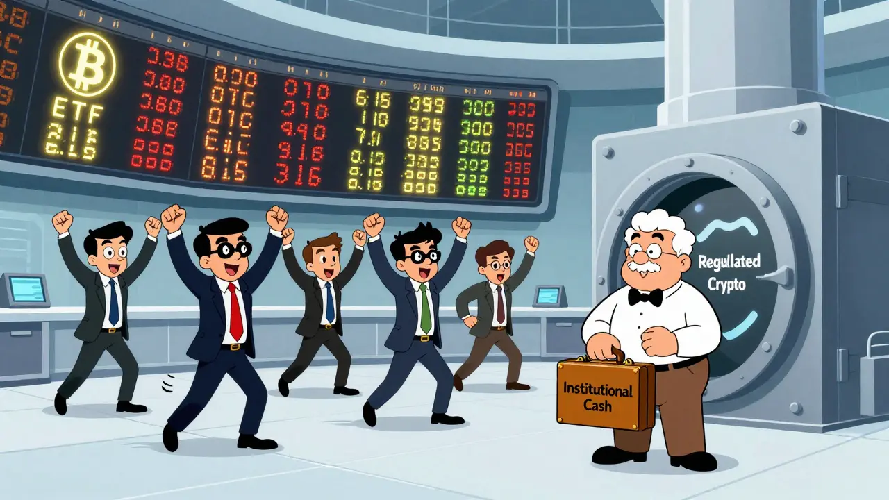 Investors cheering as Bitcoin and Ethereum ETFs appear on a futuristic Korean stock ticker.