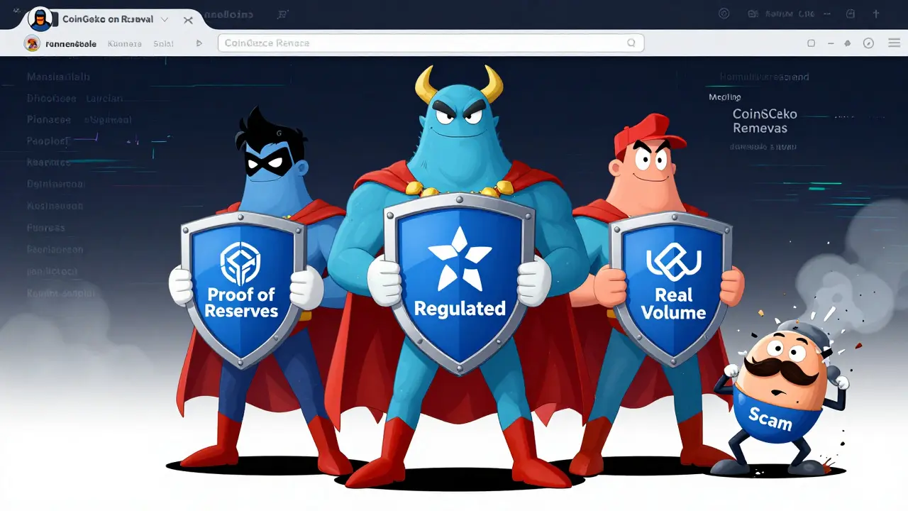 Kraken, Coinbase, and KuCoin as heroes defeating crumbling ZBG scam figure.