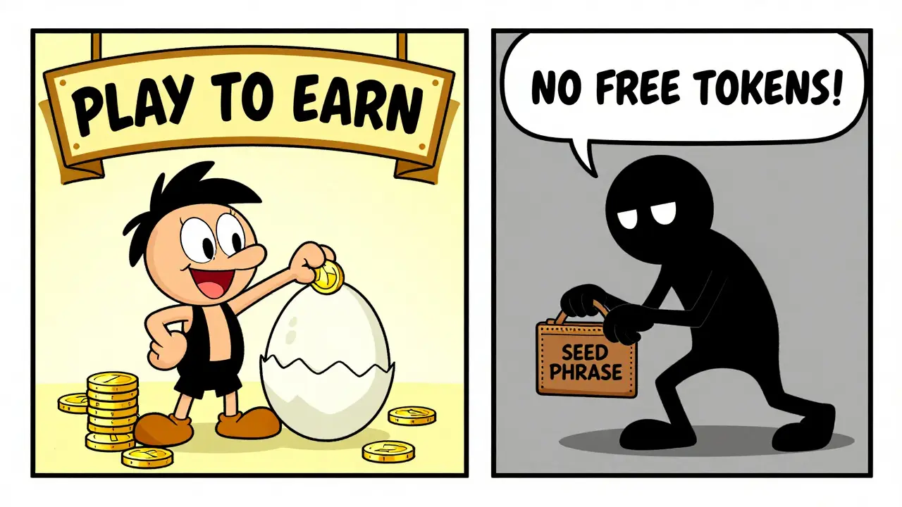 Player hatching a Monster NFT vs. thief stealing seed phrase, split-panel cartoon.