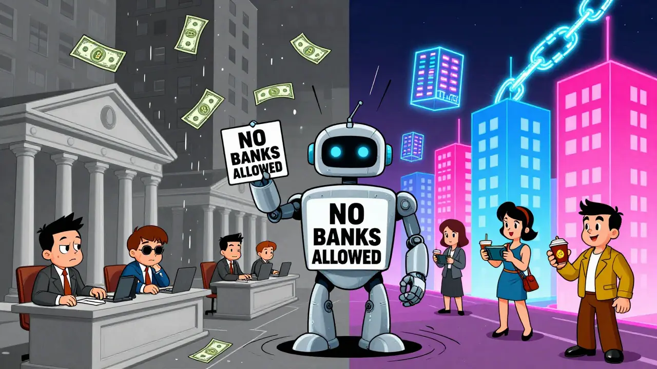 Split city scene: dull banks on one side, glowing crypto towers on the other, with a robot enforcing the ban.