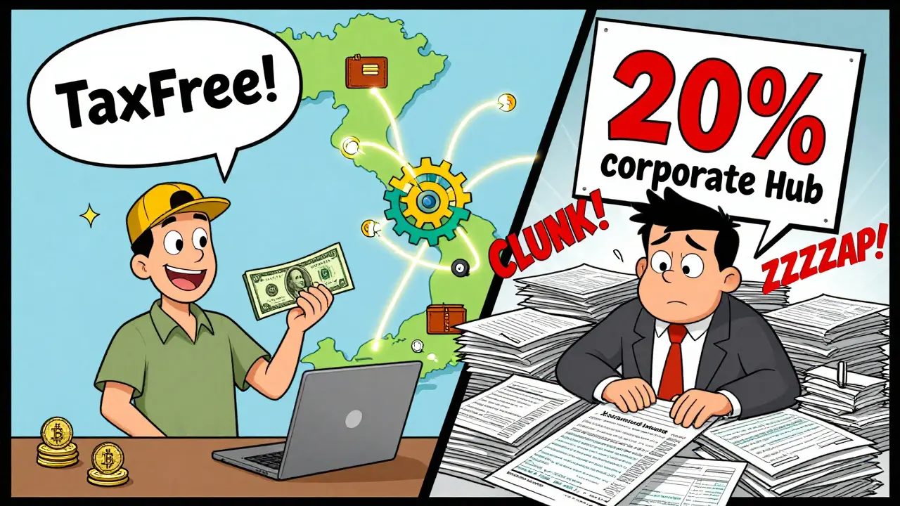 Split scene: casual trader enjoys tax-free crypto gains while a business owner drowns in tax forms.