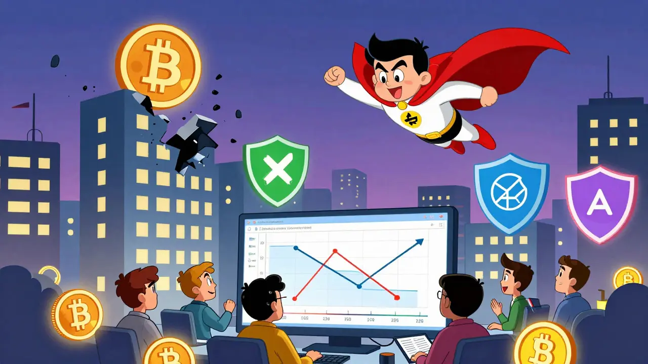 Superhero Diversi-Man flies over blockchain buildings while stablecoins glow as shields.