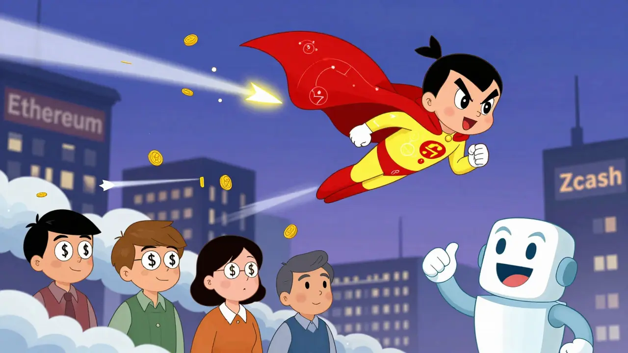 Superhero with zero-knowledge cloak turns high gas fees into pennies as transaction trails vanish in confetti clouds.