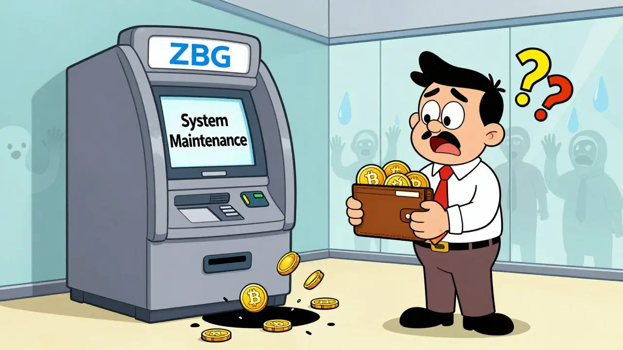 Trader at broken ZBG ATM as coins vanish into black hole, others trapped behind glass.