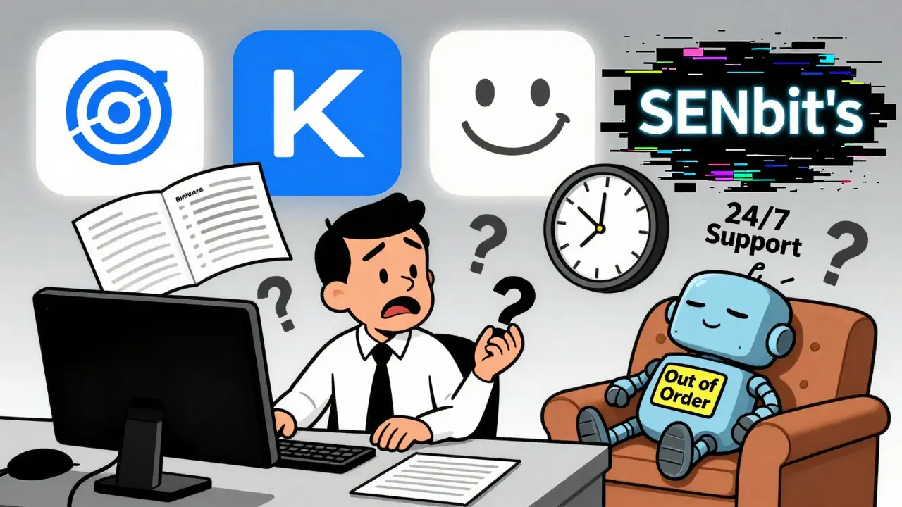 Trader surrounded by glitching order books while fake support robot sleeps on the job