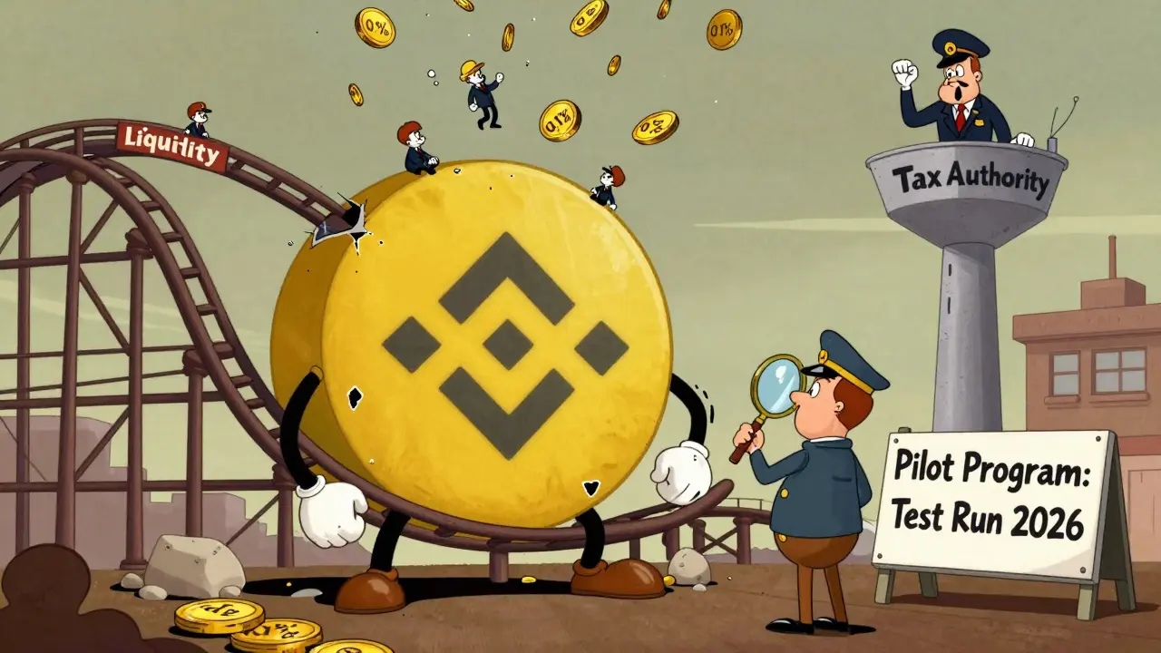 Traders fall off a crumbling Binance roller coaster as tax coins rain down in Hanna-Barbera animation style.