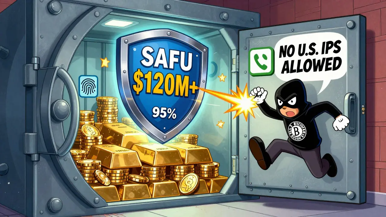 A cartoon hacker blocked by a shield labeled 'SAFU 0M+' while cold storage coins glow safely behind a 'NO U.S. IPS' wall.