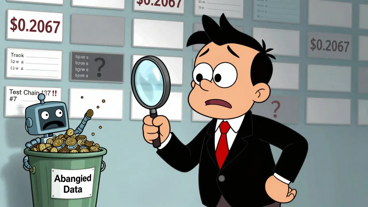 A cartoon investor stares at conflicting price trackers as a robot dumps unused tokens.