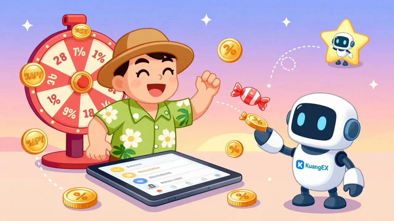 A cheerful trader staking coins with a robot assistant, daily rewards raining down as animated APY wheels spin in the sky.