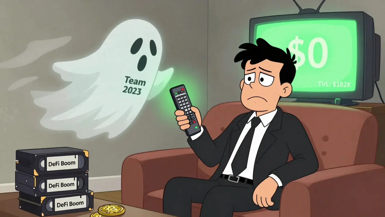 A confused person stares at a TV showing zero trading volume while a ghostly team fades away.