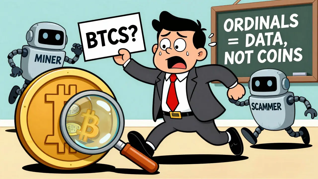 A confused trader being chased by robots while a Bitcoin logo reveals an inscription, in vintage cartoon style.