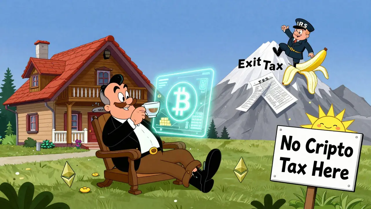 A crypto investor enjoys tea in Switzerland as a tiny IRS agent slips on tax forms.