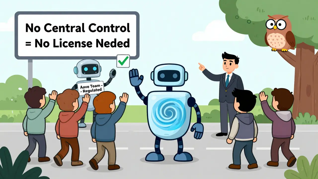 A faceless DeFi robot stands unregulated while its human operators walk away, next to a regulated DeFi team.